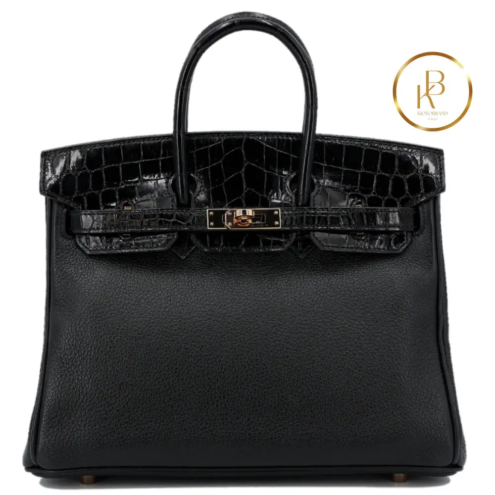 Birkin 25 Touch Black Niloticus Croc Rose Gold Hardware Handbags