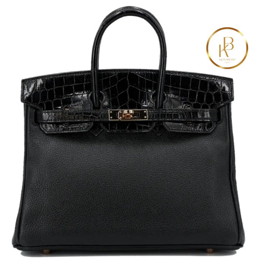 Birkin 25 Touch Black Niloticus Croc Rose Gold Hardware Handbags