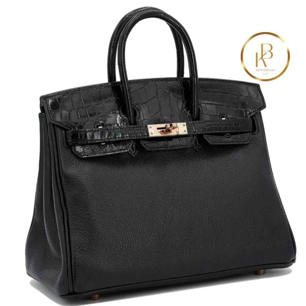 Birkin 25 Touch Black Niloticus Croc Rose Gold Hardware Handbags