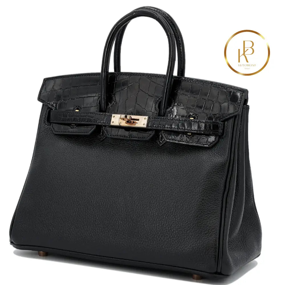 Birkin 25 Touch Black Niloticus Croc Rose Gold Hardware Handbags