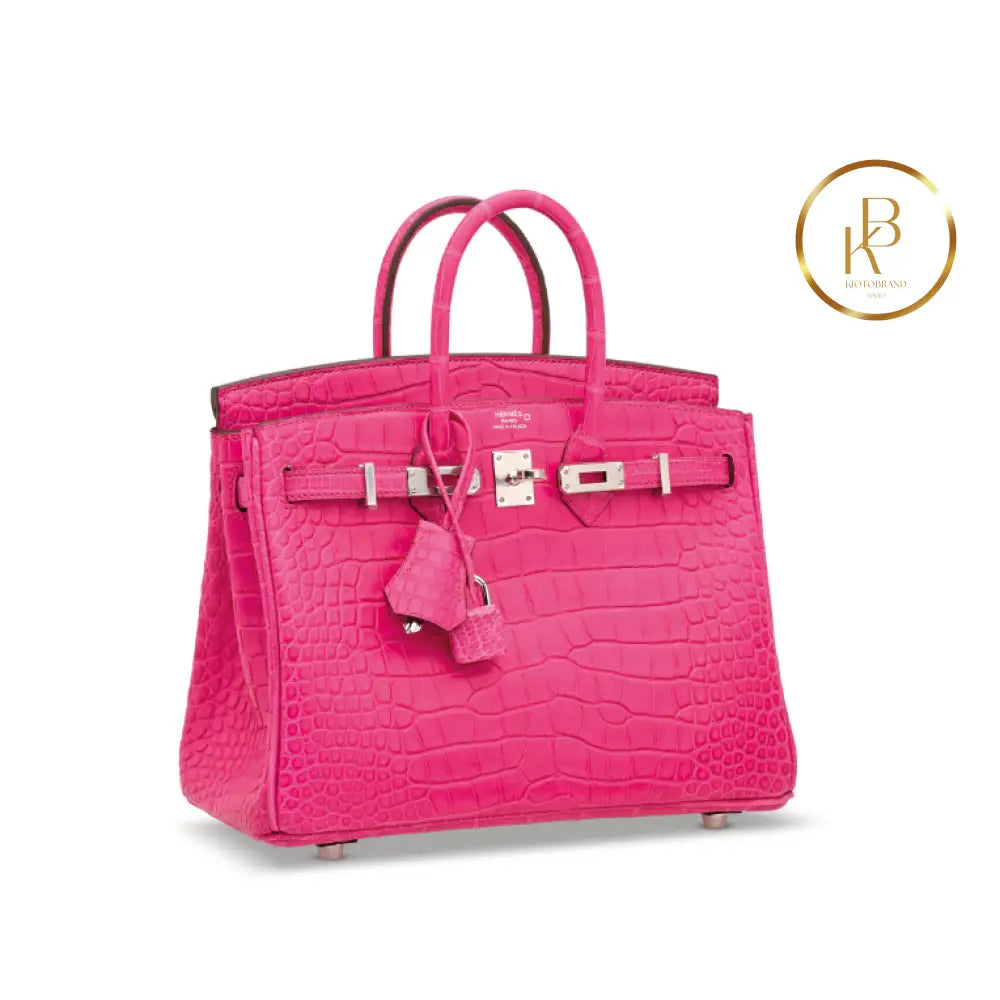 Birkin 25 Matte Rose Shocking Alligator Palladium Handbags