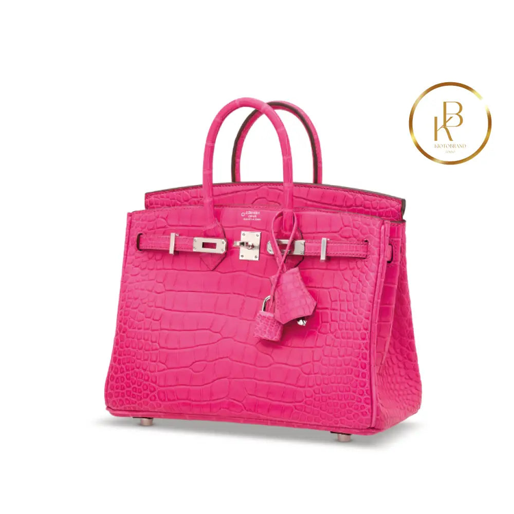 Birkin 25 Matte Rose Shocking Alligator Palladium Handbags