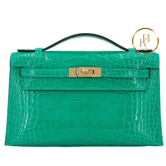 Kelly Pochette Vert Jade Alligator Ghw Handbags