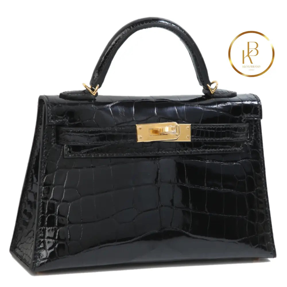 Kelly 20 Mini Black Shiny Alligator Ghw Handbags