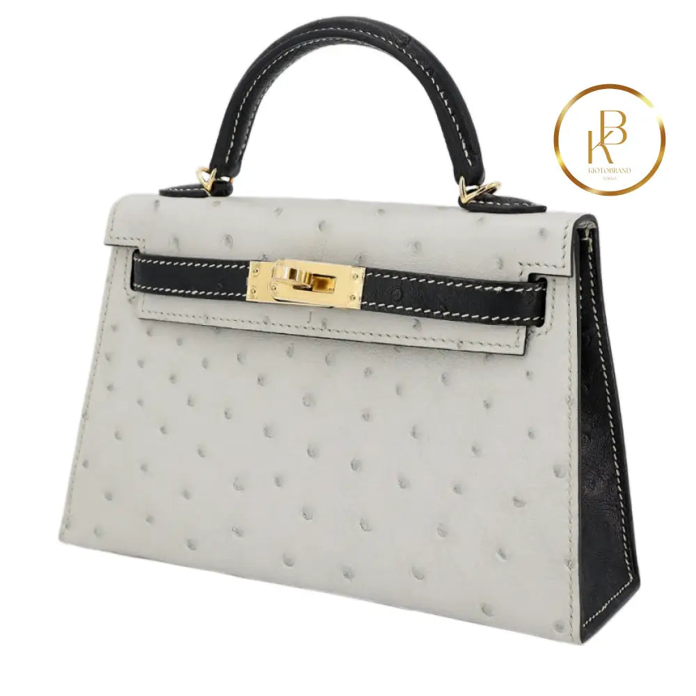 Kelly 20 Mini Ii Special Order Ostrich Pearl Gray & Black Ghw Handbags