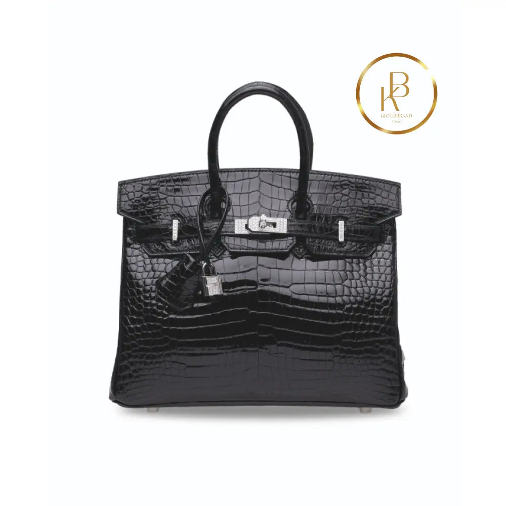 Birkin 25 Shiny Black Porosus Croc 18K White Gold & Diamond Hardware Handbags
