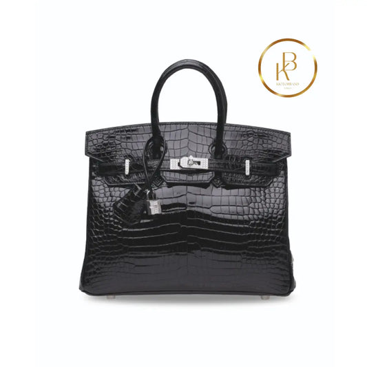 Birkin 25 Shiny Black Porosus Croc 18K White Gold & Diamond Hardware Handbags