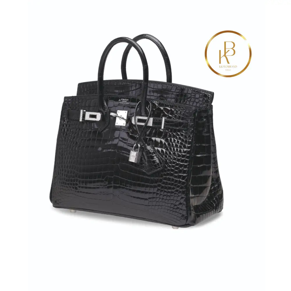 Birkin 25 Shiny Black Porosus Croc 18K White Gold & Diamond Hardware Handbags