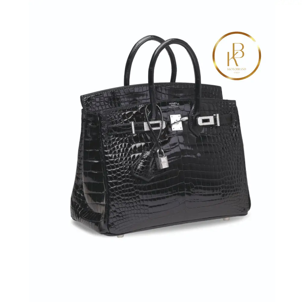 Birkin 25 Shiny Black Porosus Croc 18K White Gold & Diamond Hardware Handbags