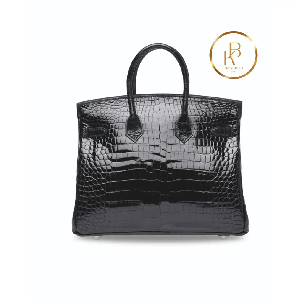 Birkin 25 Shiny Black Porosus Croc 18K White Gold & Diamond Hardware Handbags