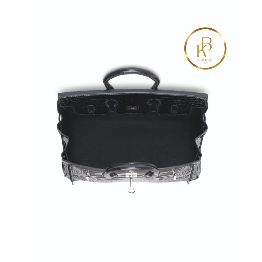 Birkin 25 Shiny Black Porosus Croc 18K White Gold & Diamond Hardware Handbags