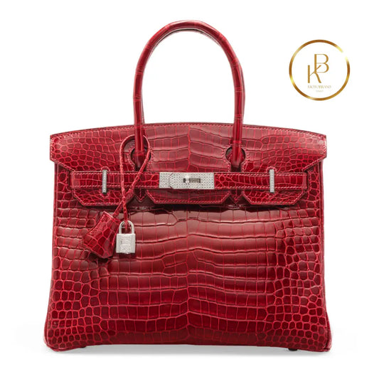 Birkin 30 Rouge Shiny Porosus Croc 18K White Gold Diamond Hardware Handbags