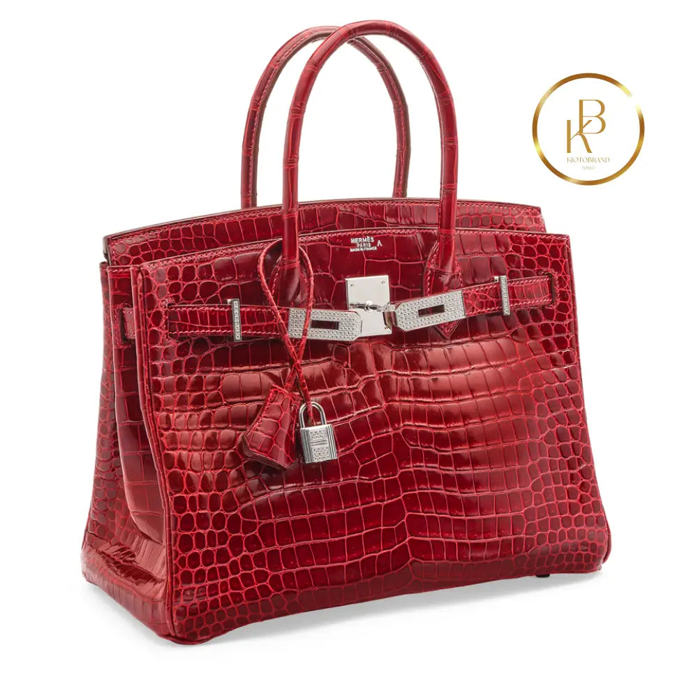 Birkin 30 Rouge Shiny Porosus Croc 18K White Gold Diamond Hardware Handbags