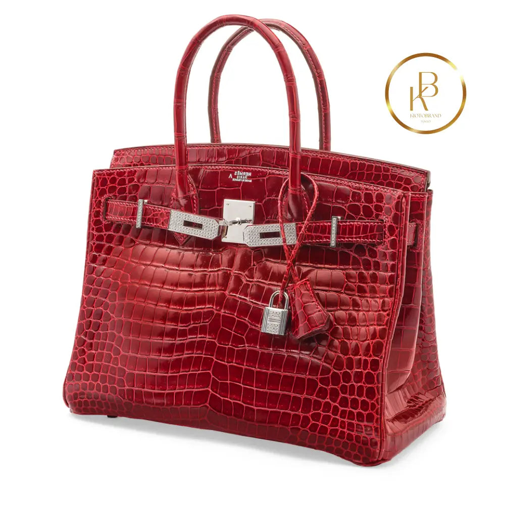 Birkin 30 Rouge Shiny Porosus Croc 18K White Gold Diamond Hardware Handbags