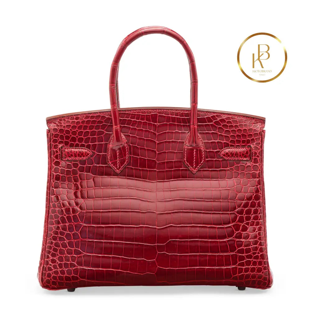 Birkin 30 Rouge Shiny Porosus Croc 18K White Gold Diamond Hardware Handbags