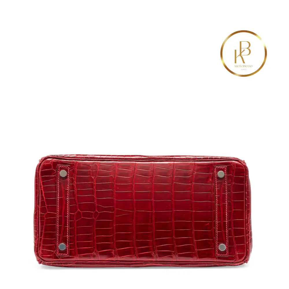 Birkin 30 Rouge Shiny Porosus Croc 18K White Gold Diamond Hardware Handbags
