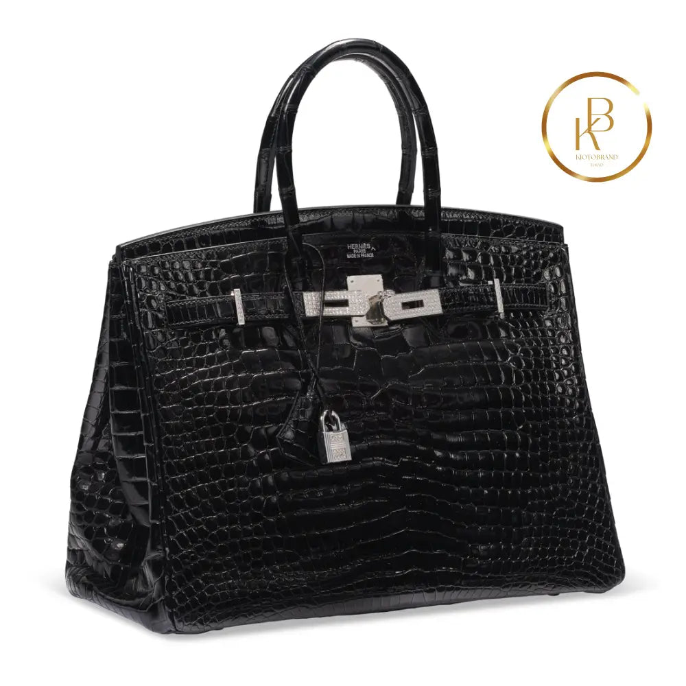 Birkin 35 Black Shiny Porosus Croc 18K White Gold Diamond Hardware Handbags