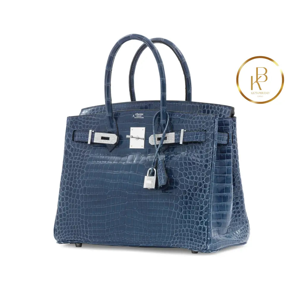 Birkin 30 Shiny Bleu Roi Porosus Croc 18K White Gold & Diamond Hardware Handbags