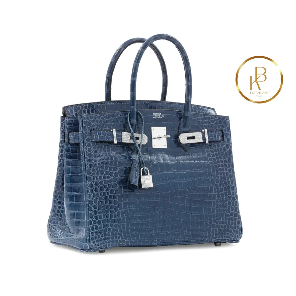 Birkin 30 Shiny Bleu Roi Porosus Croc 18K White Gold & Diamond Hardware Handbags