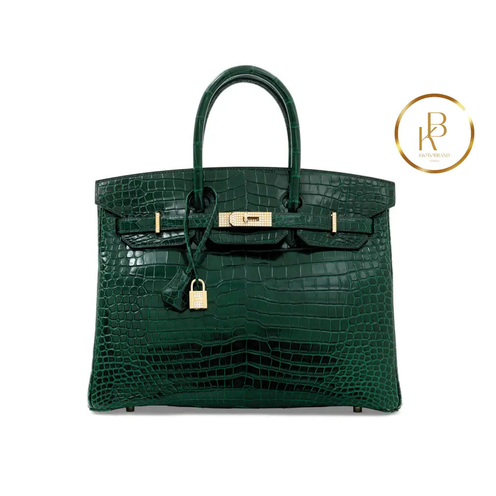 Birkin 35 Shiny Vert Foncè Porosus Croc 18K Yellow Gold & Diamond Hardware Handbags