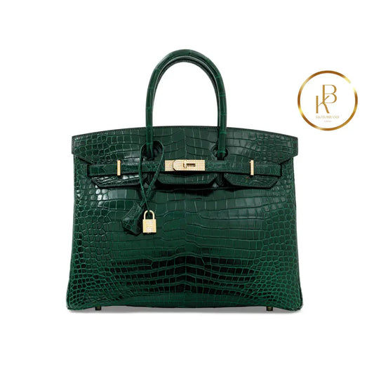 Birkin 35 Shiny Vert Foncè Porosus Croc 18K Yellow Gold & Diamond Hardware Handbags