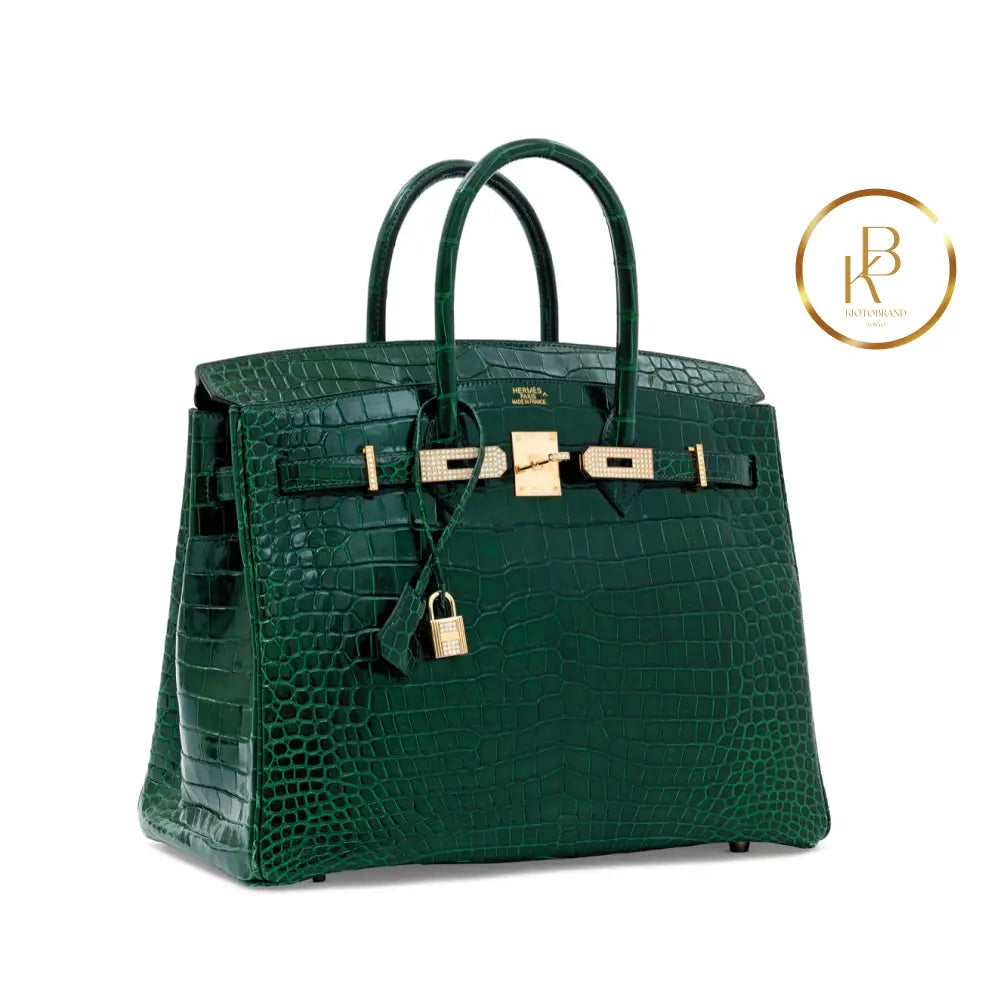 Birkin 35 Shiny Vert Foncè Porosus Croc 18K Yellow Gold & Diamond Hardware Handbags