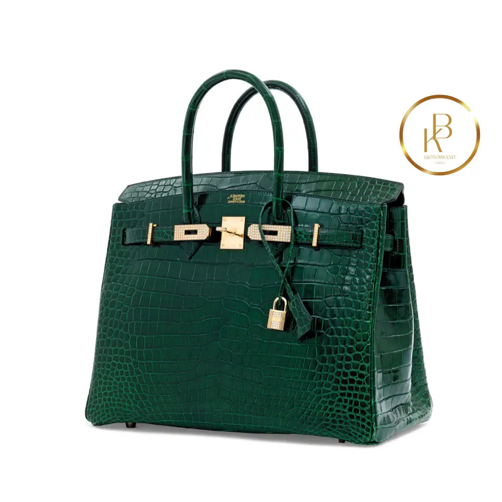 Birkin 35 Shiny Vert Foncè Porosus Croc 18K Yellow Gold & Diamond Hardware Handbags