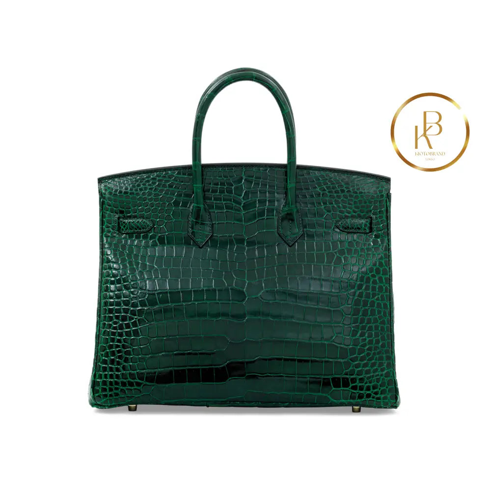 Birkin 35 Shiny Vert Foncè Porosus Croc 18K Yellow Gold & Diamond Hardware Handbags