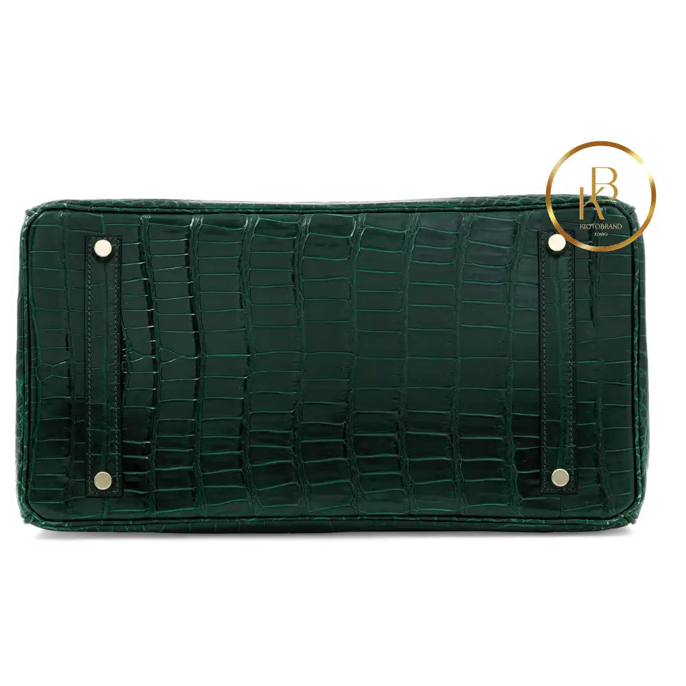 Birkin 35 Shiny Vert Foncè Porosus Croc 18K Yellow Gold & Diamond Hardware Handbags