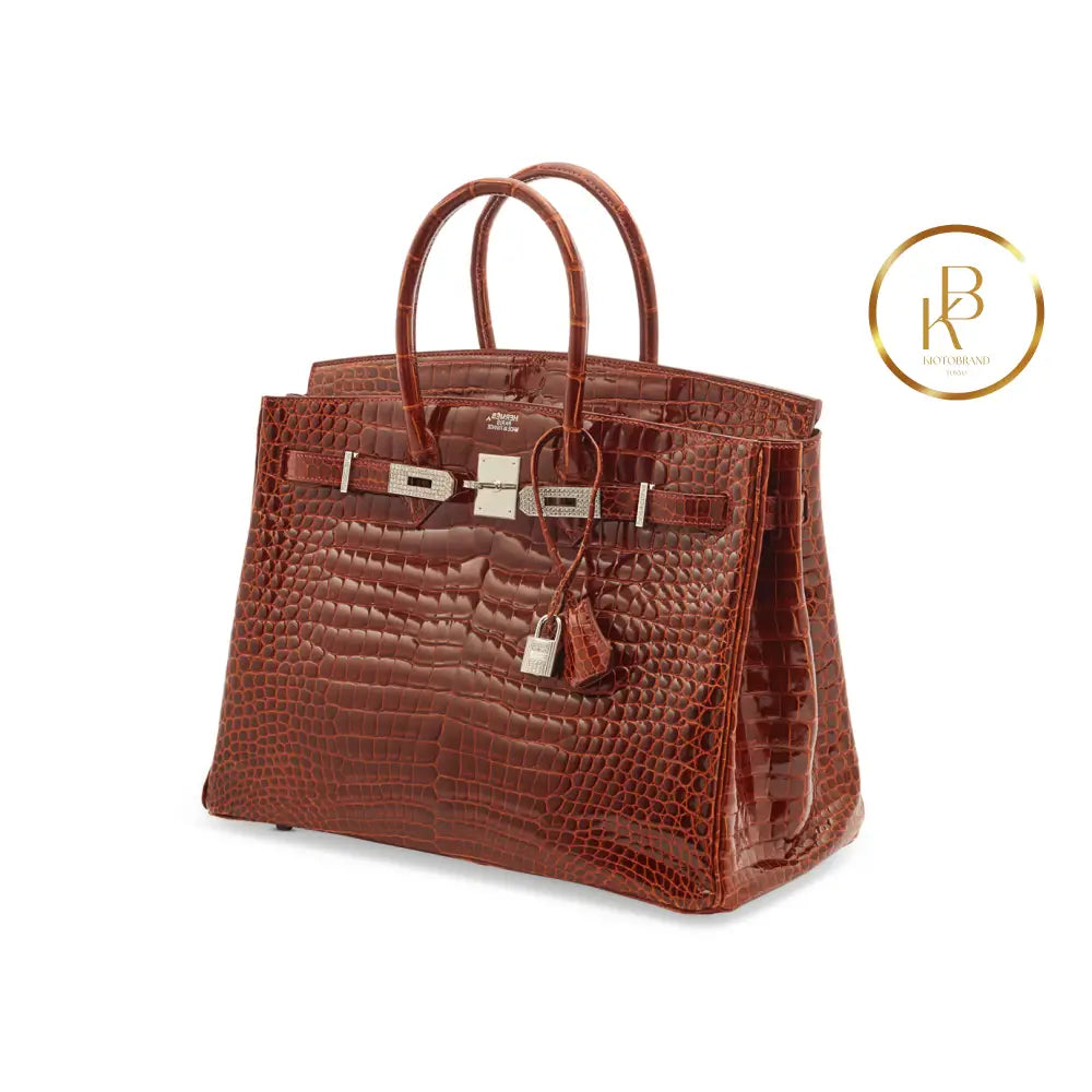 Birkin 35 Shiny Miel Porosus Croc 18K White Gold & Diamond Hardware Handbags