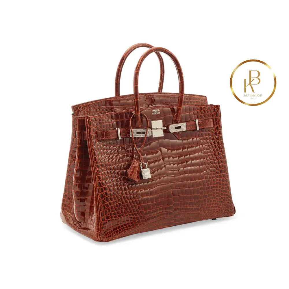 Birkin 35 Shiny Miel Porosus Croc 18K White Gold & Diamond Hardware Handbags