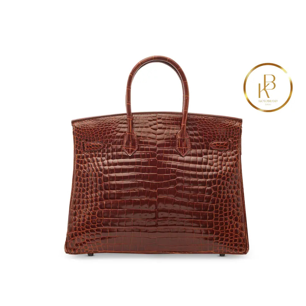 Birkin 35 Shiny Miel Porosus Croc 18K White Gold & Diamond Hardware Handbags