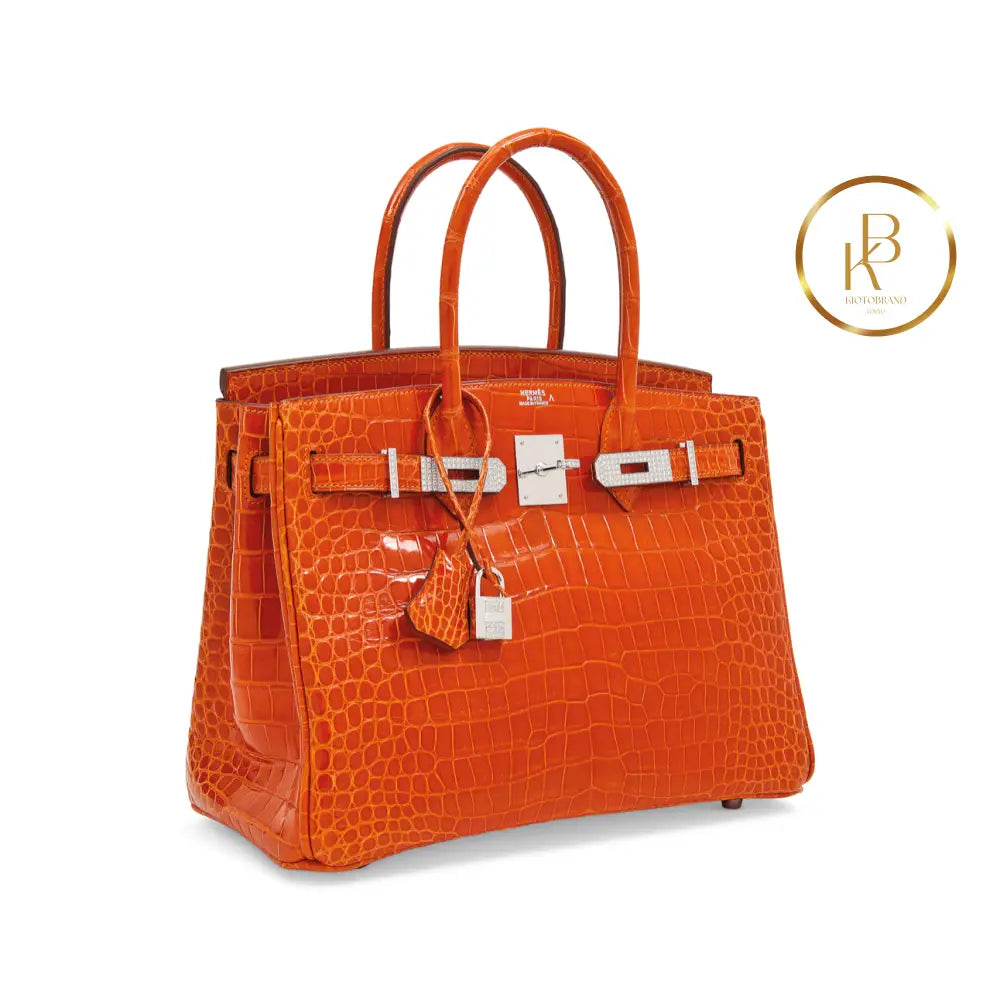 Birkin 30 Shiny Orange Porosus Croc 18K White Gold Diamond Hardware Handbags