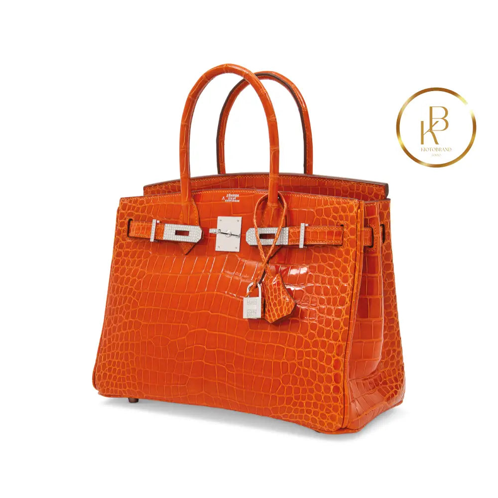 Birkin 30 Shiny Orange Porosus Croc 18K White Gold Diamond Hardware Handbags