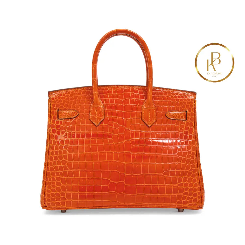 Birkin 30 Shiny Orange Porosus Croc 18K White Gold Diamond Hardware Handbags