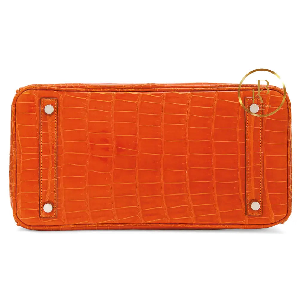 Birkin 30 Shiny Orange Porosus Croc 18K White Gold Diamond Hardware Handbags