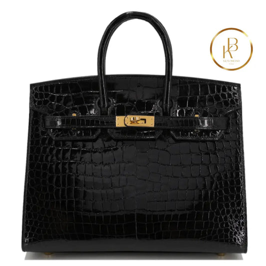 Birkin 25 Black Porosus Croc Ghw Handbags