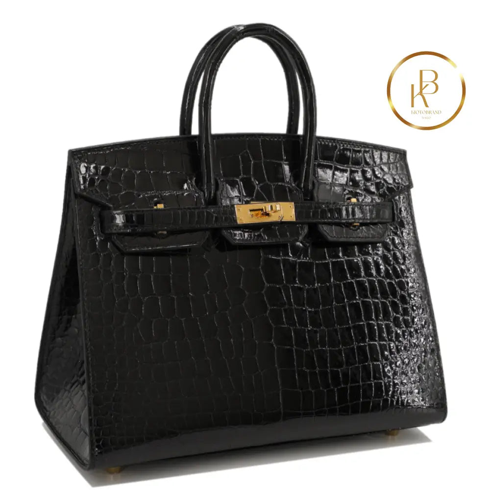 Birkin 25 Black Porosus Croc Ghw Handbags