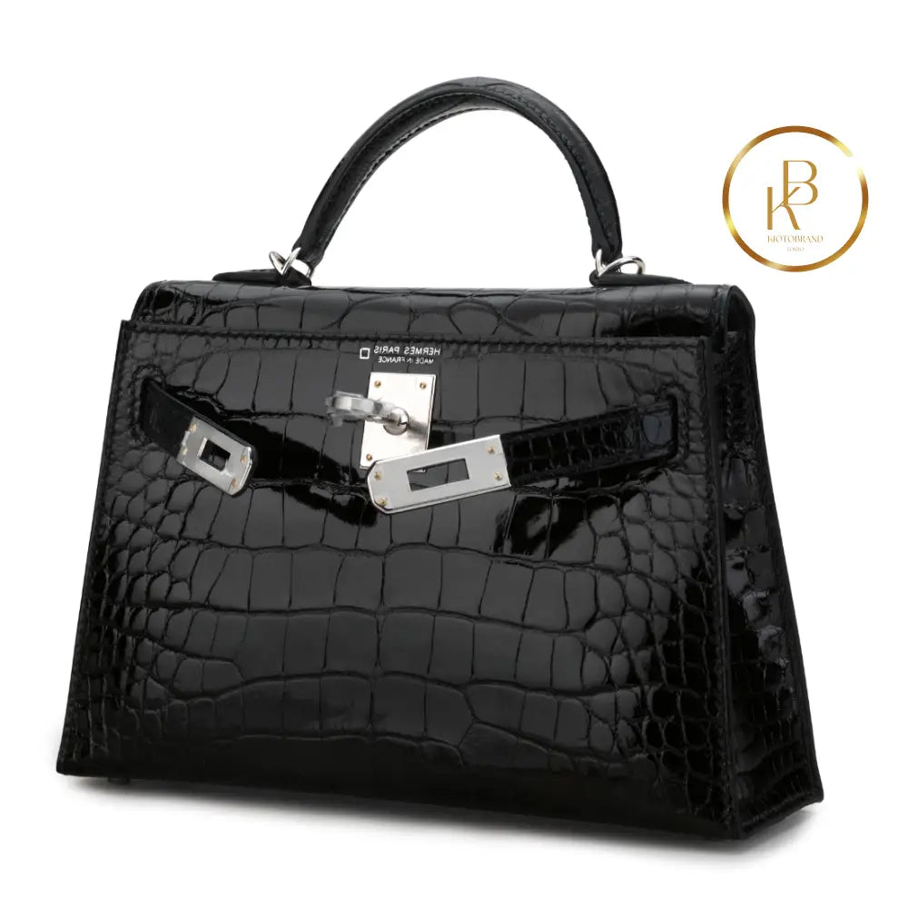 Kelly 20 Ii Mini Shiny Black Alligator Palladium Handbags