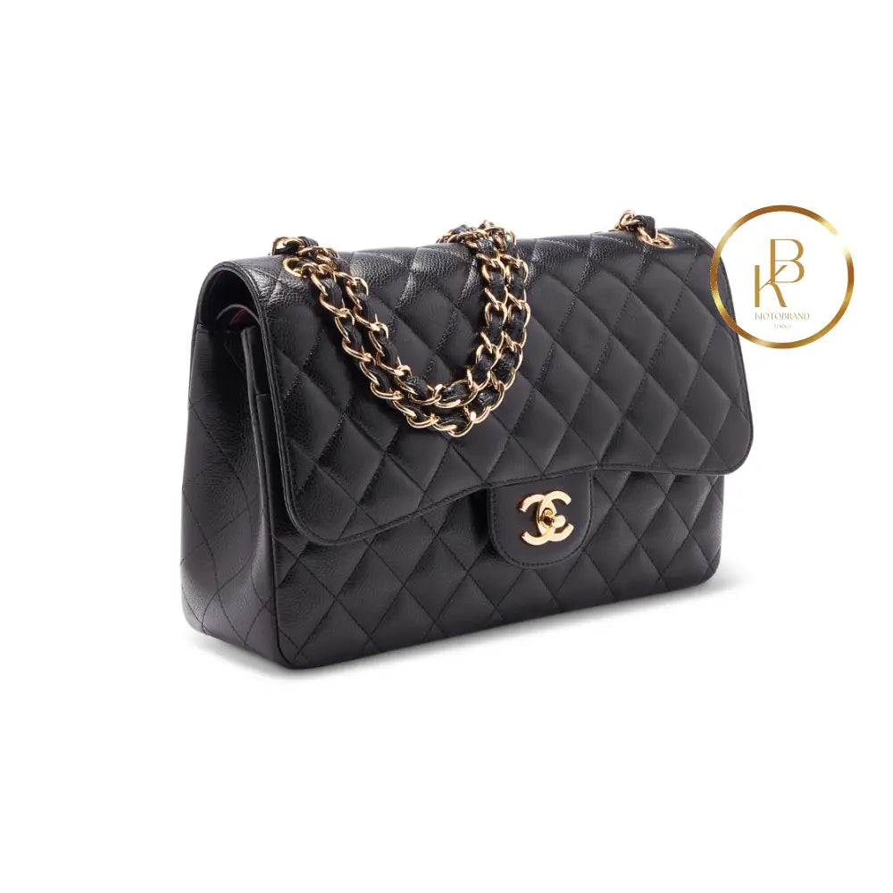 Black Caviar Jumbo Double Flap Gold Hardware Handbags