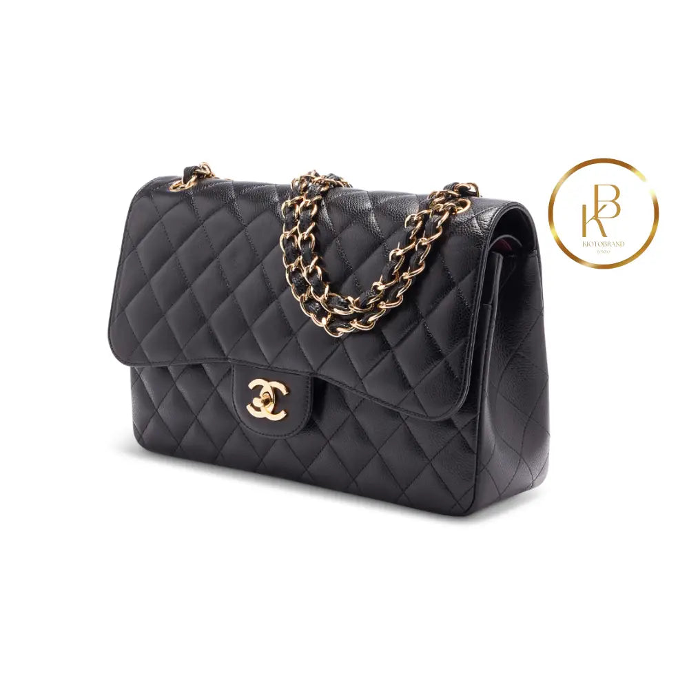 Black Caviar Jumbo Double Flap Gold Hardware Handbags