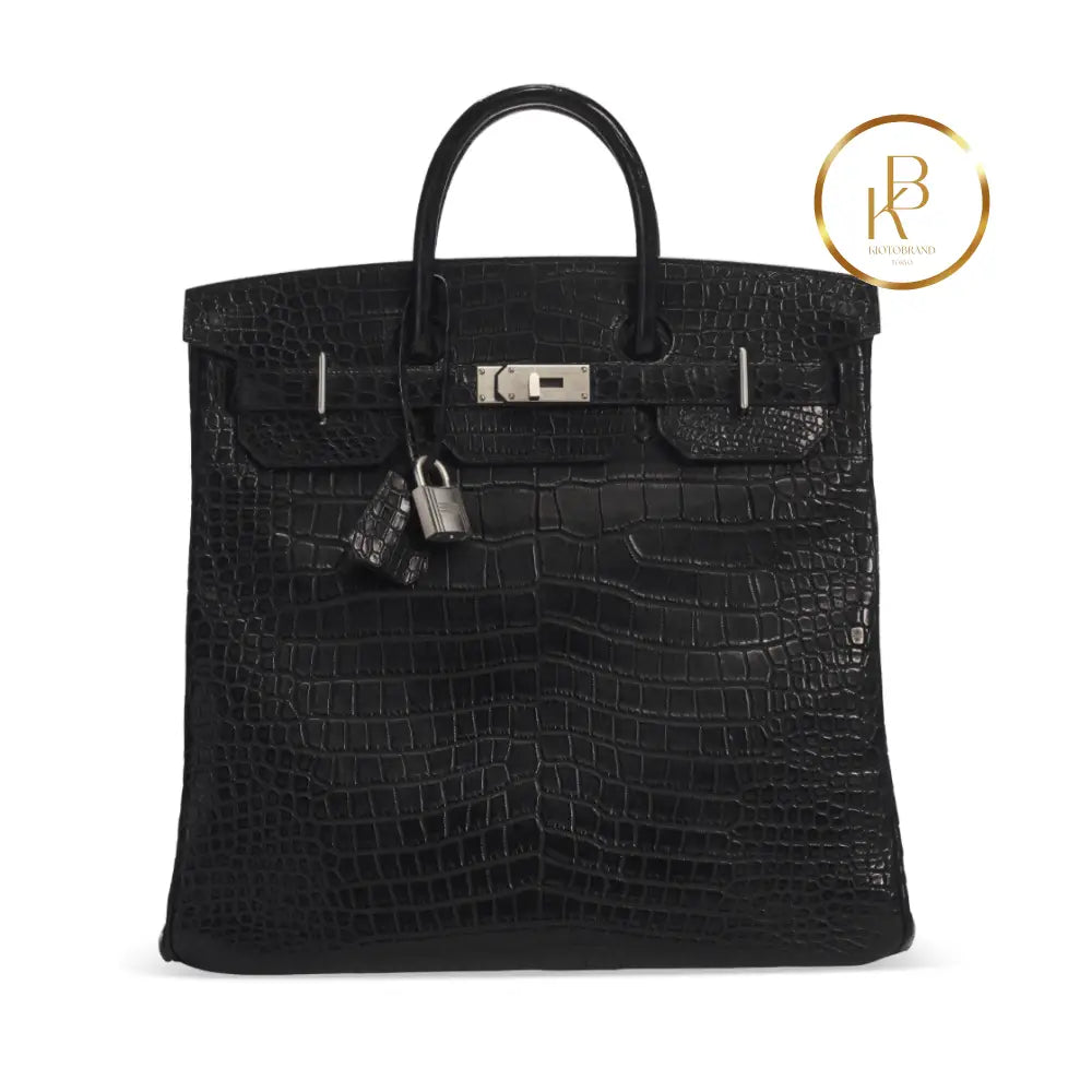 Birkin Hac 40 Matte Black Porosus Croc Palladium Hardware Handbags