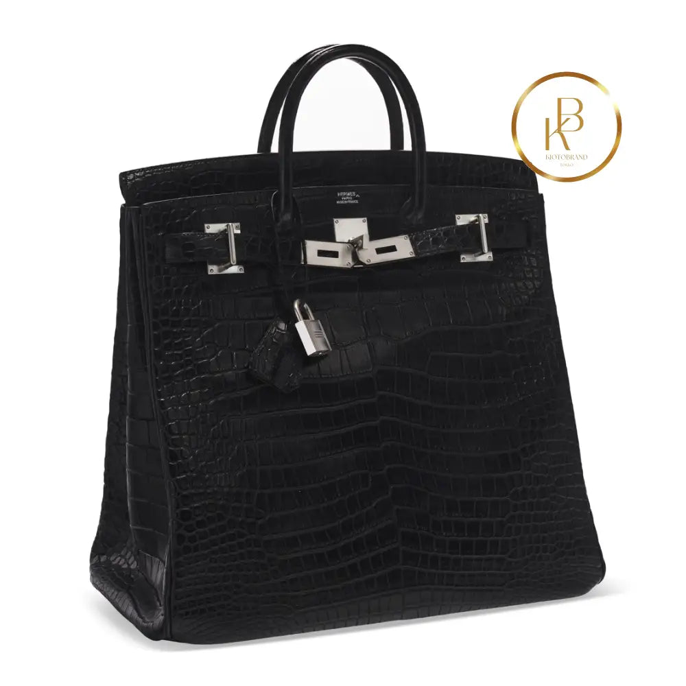 Birkin Hac 40 Matte Black Porosus Croc Palladium Hardware Handbags