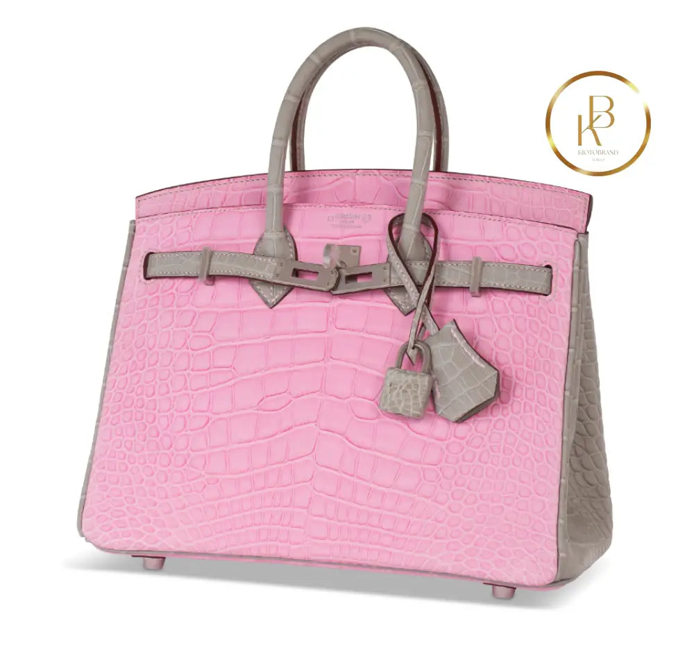 Birkin 25 Matte Pink 5P & Gris Perle Alligator Handbags