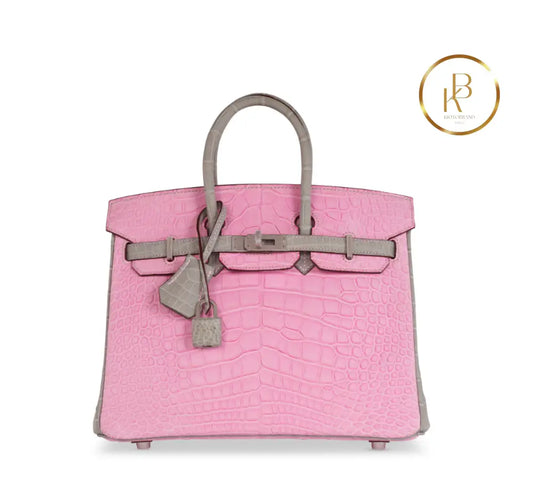 Birkin 25 Matte Pink 5P & Gris Perle Alligator Handbags
