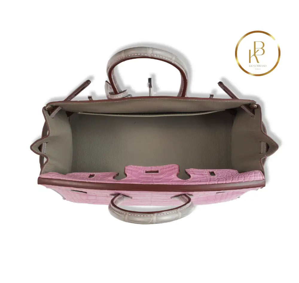 Birkin 25 Matte Pink 5P & Gris Perle Alligator Handbags