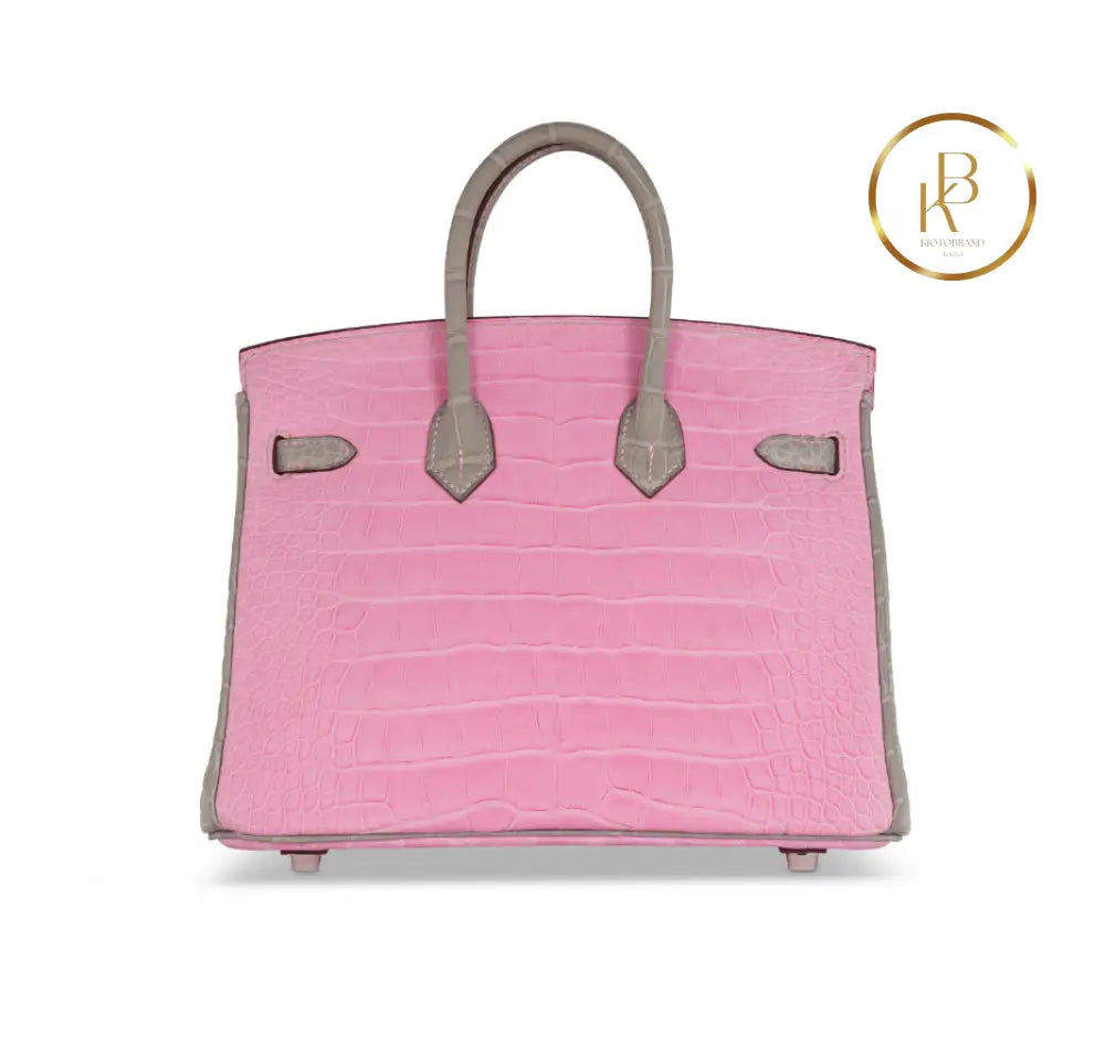 Birkin 25 Matte Pink 5P & Gris Perle Alligator Handbags
