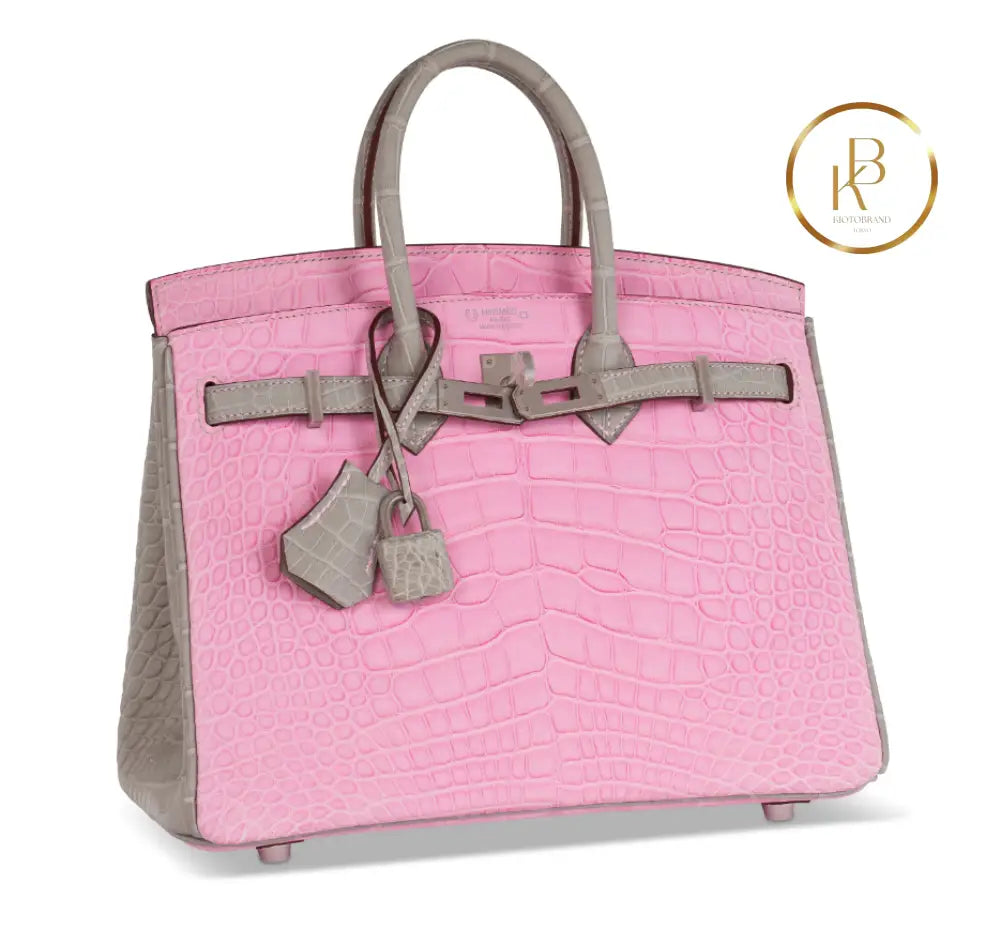 Birkin 25 Matte Pink 5P & Gris Perle Alligator Handbags