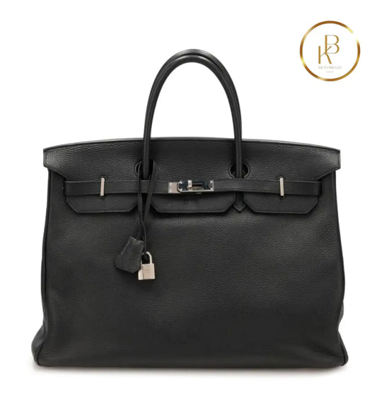 Birkin 40 Black Clemence Palladium Handbags