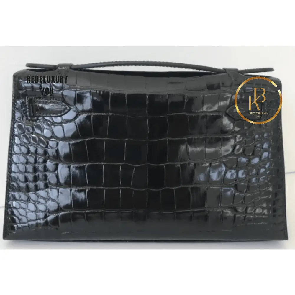 Mini Kelly Pochette Black Shiny Alligator Gold Hardware